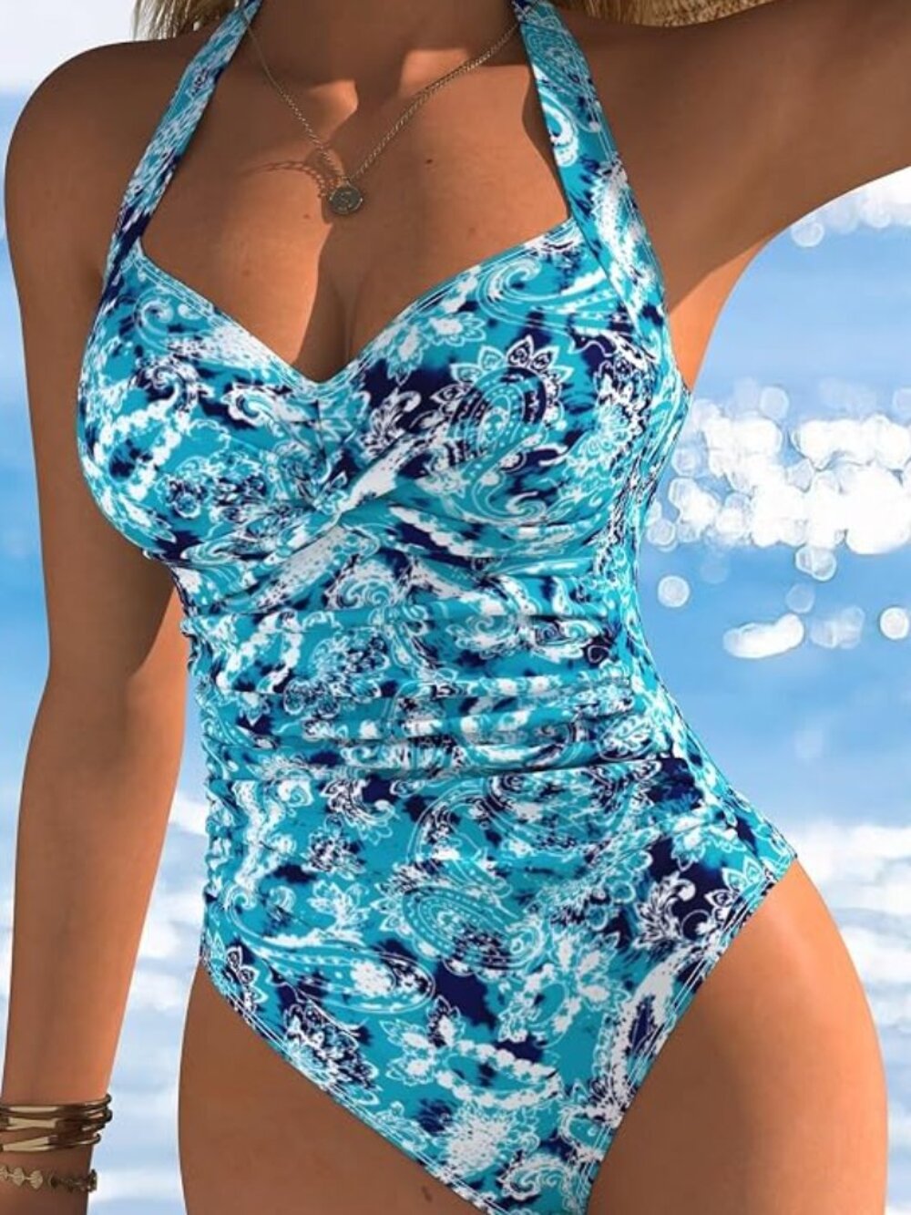 Ladies Halter Style One Piece Swimsuit. Aqua, White & Black. Size 12 NWOT